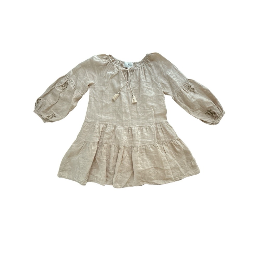 Benaras by Citrus Dress Womens Medium Beige Linen‎ Embroidered Beaded Tassels